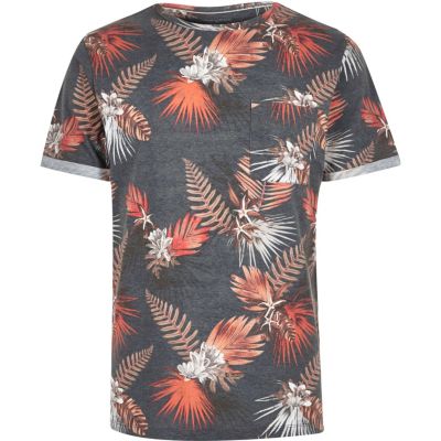Navy tropical leaf print t-shirt